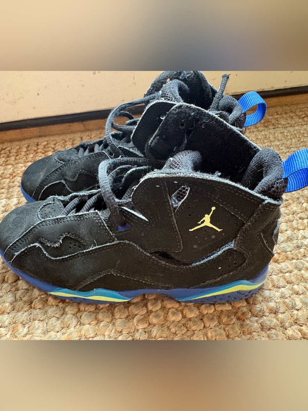 Jordan Kids Black with Blue and Yellow Accent Retro Sneakers